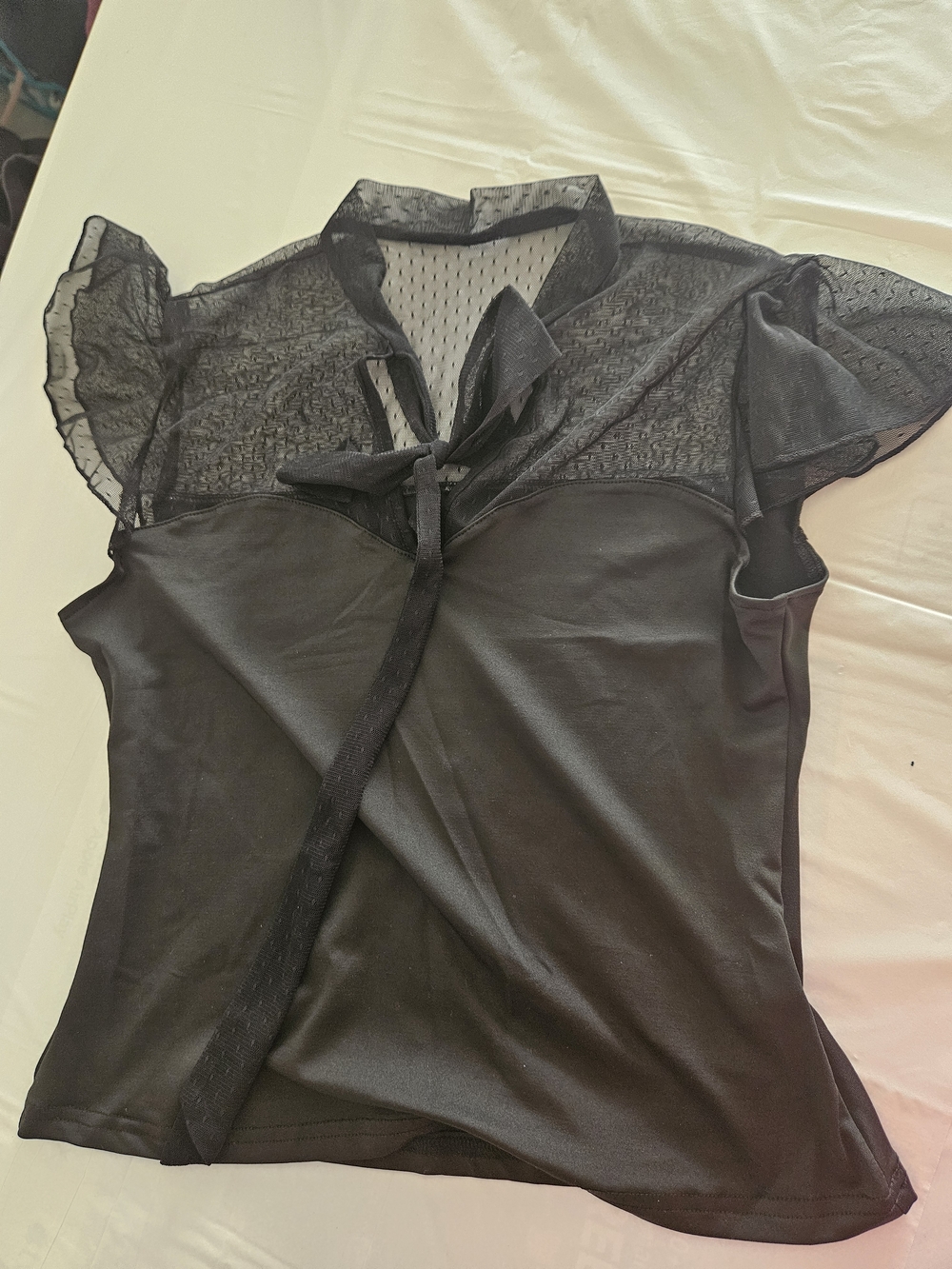 SHEIN Black Sheer Dot Yoke Tie-Front Blouse
